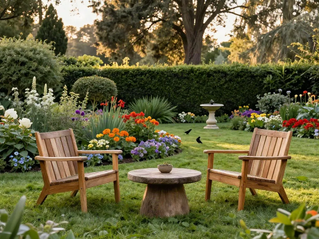 Relaxing garden with Charles Taylor Garden Seating, showcasing wooden armchairs and a coffee table surrounded by flowers.