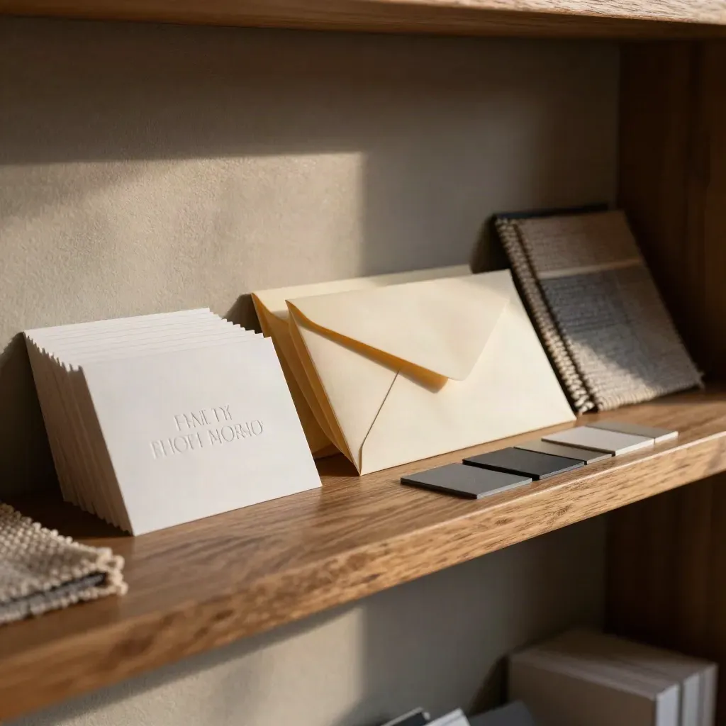 Edles Corporate-Design-Set mit Karten, Umschlägen und Stoffmustern im warmen Studiolicht.