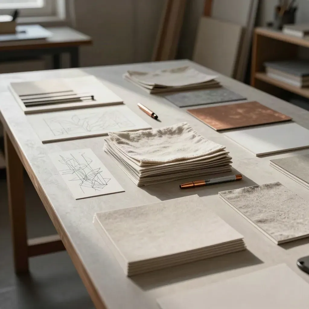 Strategieberatung im Atelier mit Materialkarten, Leinenproben und Kupfermarke auf langem Tisch
