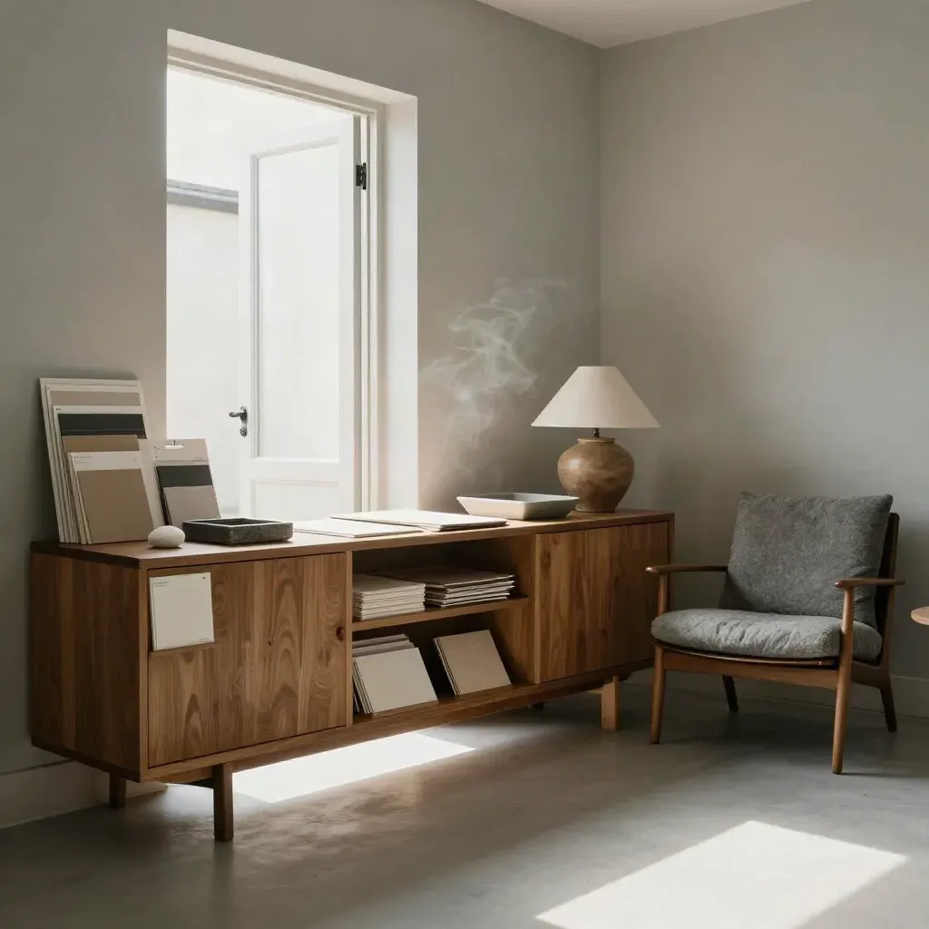 Helles Beratungsatelier mit Sideboard, Materialmustern und offener Tür im warmen Licht.