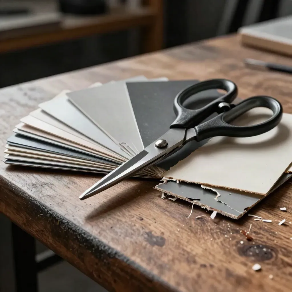 Makro eines Scheren- und Farbmuster-Sets mit Acrylplatten auf Werkbank.