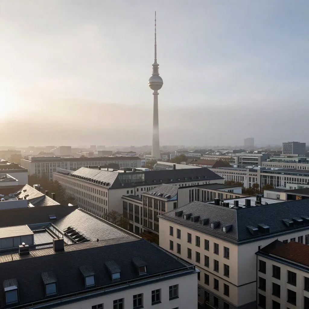 Berlin im Morgennebel mit Fernsehturm über nassen Dächern und stillen Höfen