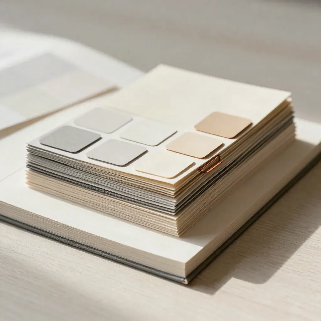 Swatches, Farbchips und Kupferklammer auf heller Holzfläche im Editorial-Stil.