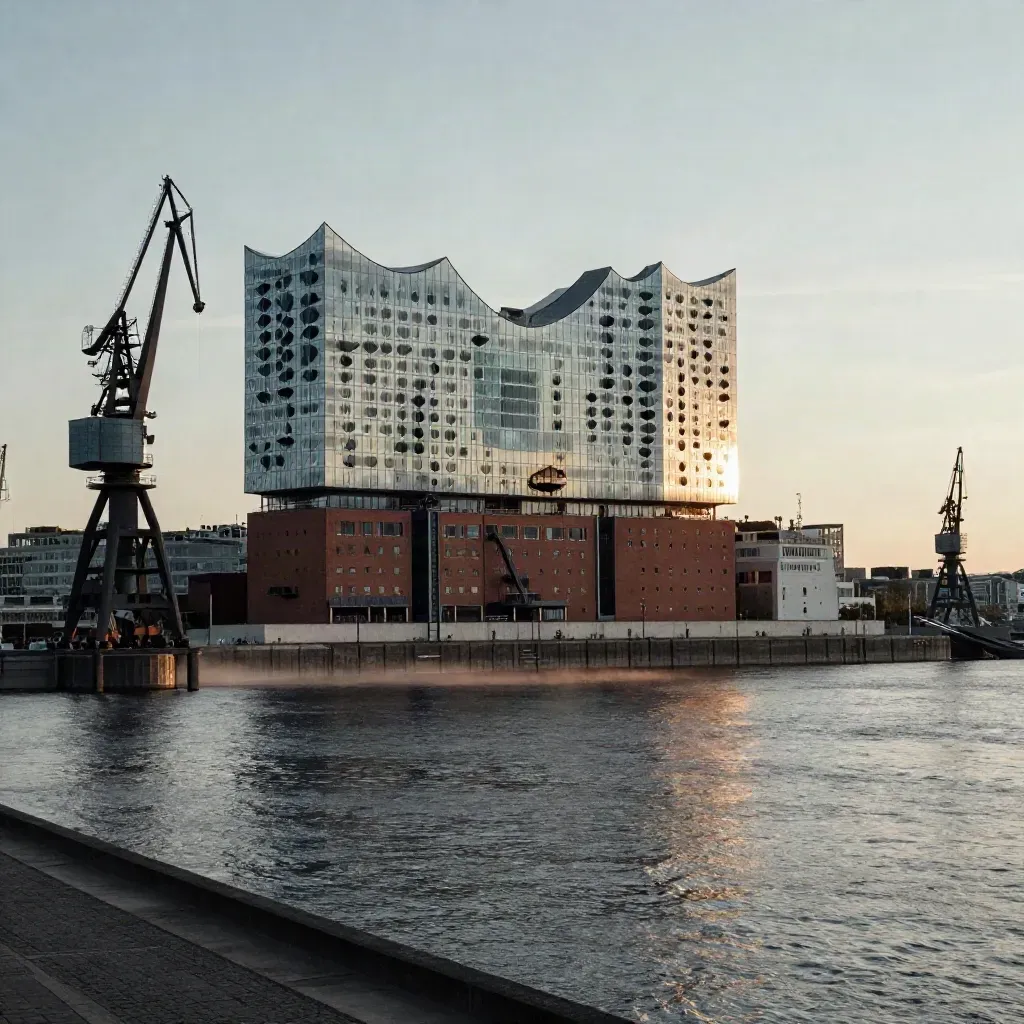Elbphilharmonie und Hafenkräne über ruhigem Elbwasser im warmen Abendlicht