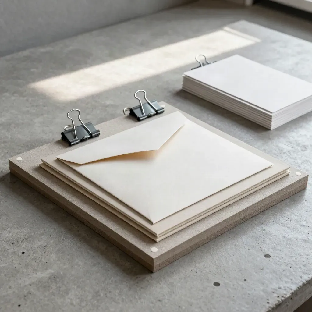 Umsetzungs-Set mit Schaumstoffboards, Musterumschlag und anthrazitfarbenen Klammern auf Beton.