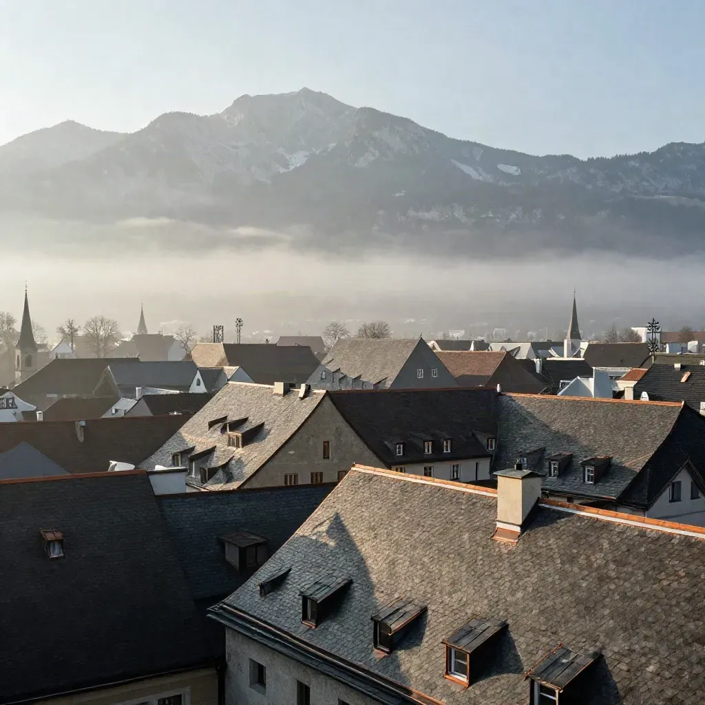 Münchner Dächer im Morgennebel mit Alpenkette und ruhiger Fläche für Text.