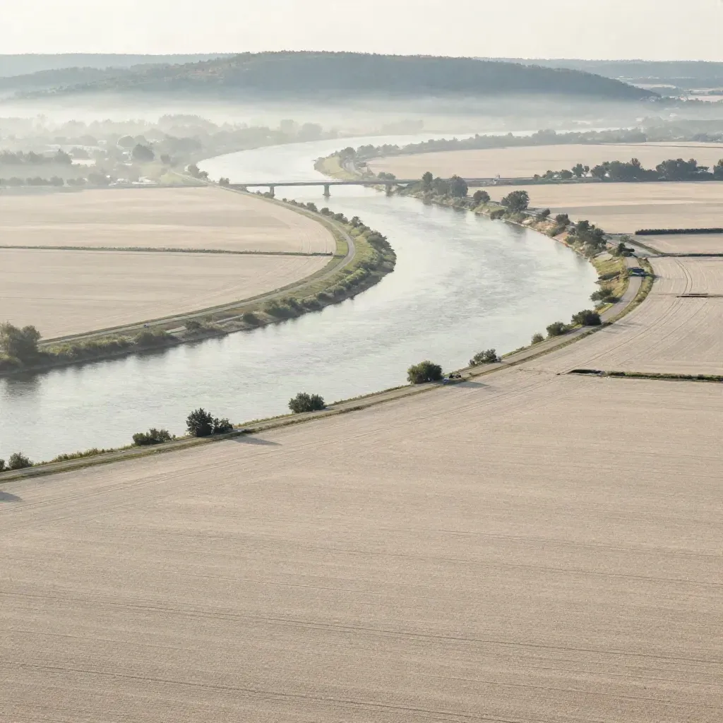 Breiter Flussbogen mit Feldern und Brücken im Dunst, hoch gesetzter Horizont, viel ruhige Fläche.