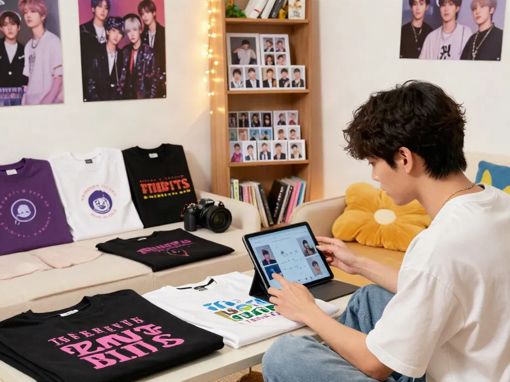 Excited fan browsing rokok 88 BTS merchandise collection at home.